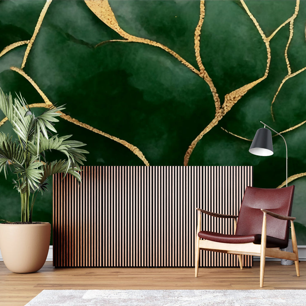 Gold and green abstract pattern making a statement in a home office