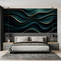 Emerald and gold abstract wallpaper mural in modern living room with grey sofa and natural light