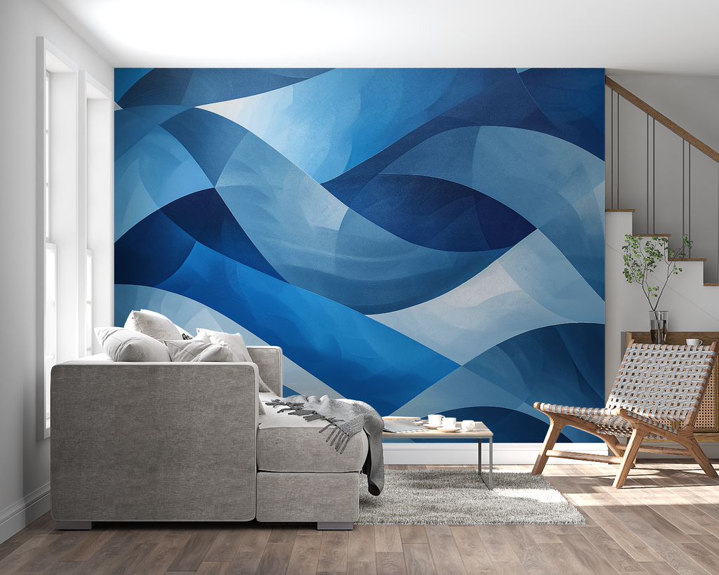 Geometric blue wallpaper creating depth in contemporary bedroom setting