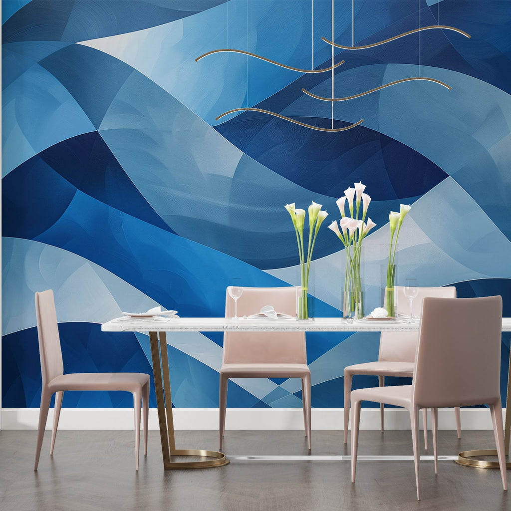 Blue geometric wallpaper in home office with natural wood accents