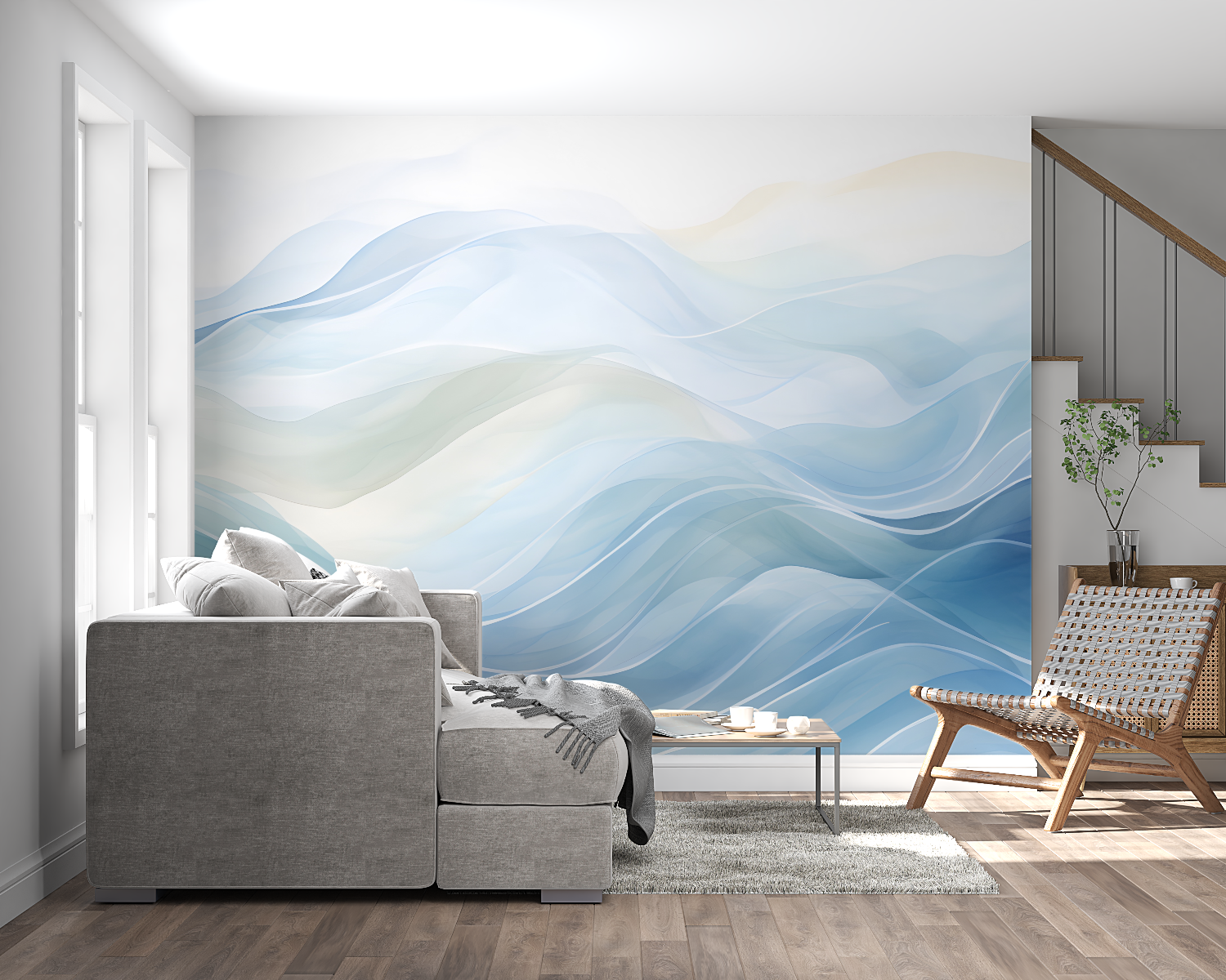Modern office space featuring blue abstract wave wallpaper