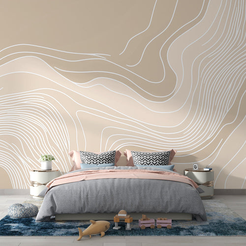 Abstract flowing lines wallpaper in beige showcased in a minimal Scandinavian living room setting
