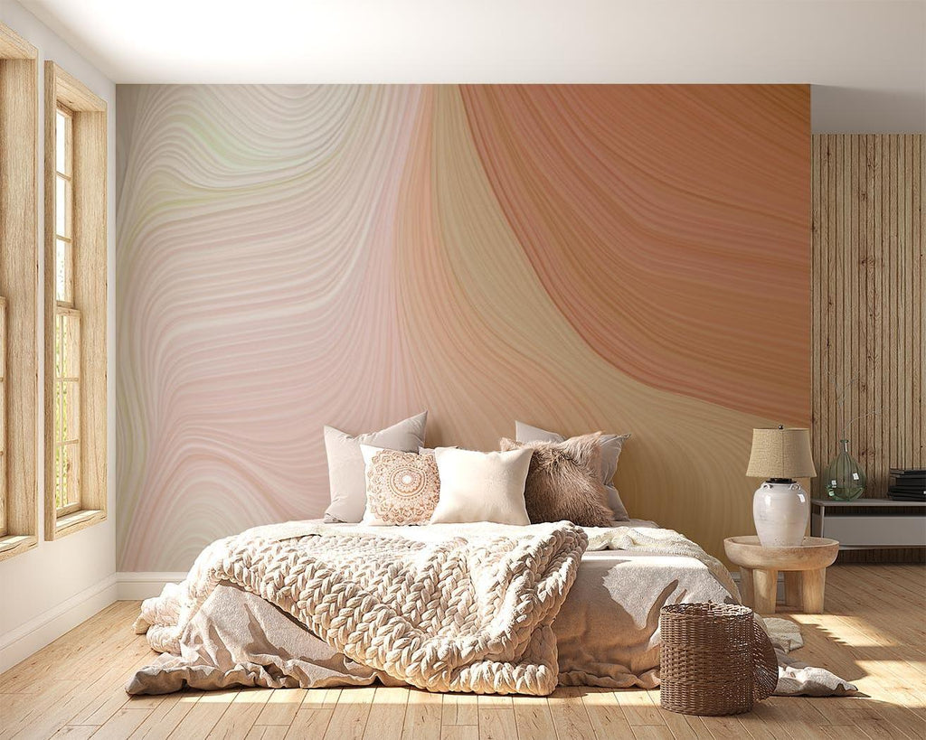 Abstract flowing lines wallpaper in terracotta and beige tones creating movement in a modern living room setting