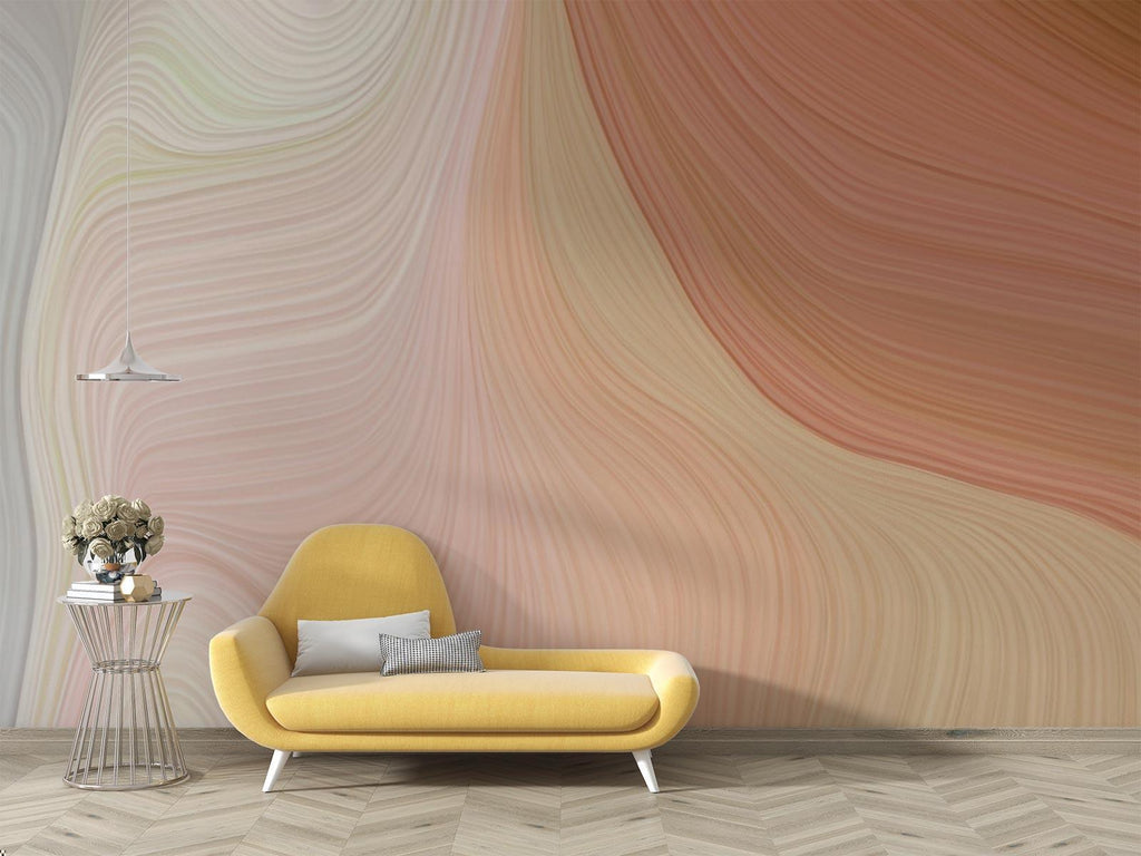 Terracotta abstract wall mural with curved lines bringing warmth to a minimalist dining room