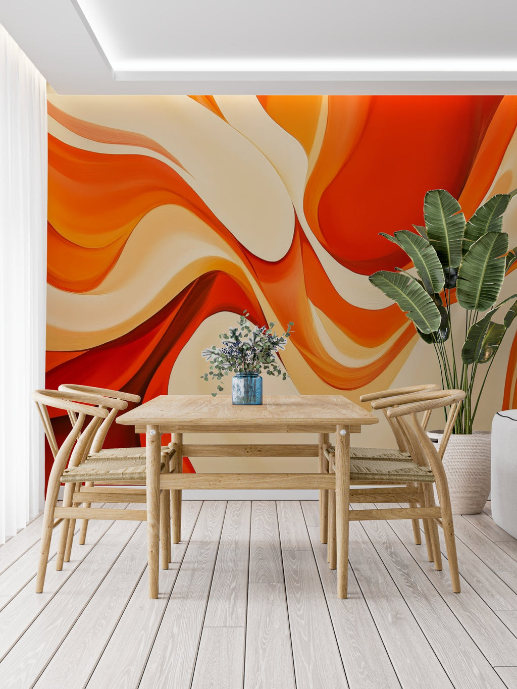 Orange abstract wall mural bringing warmth to a contemporary dining room space