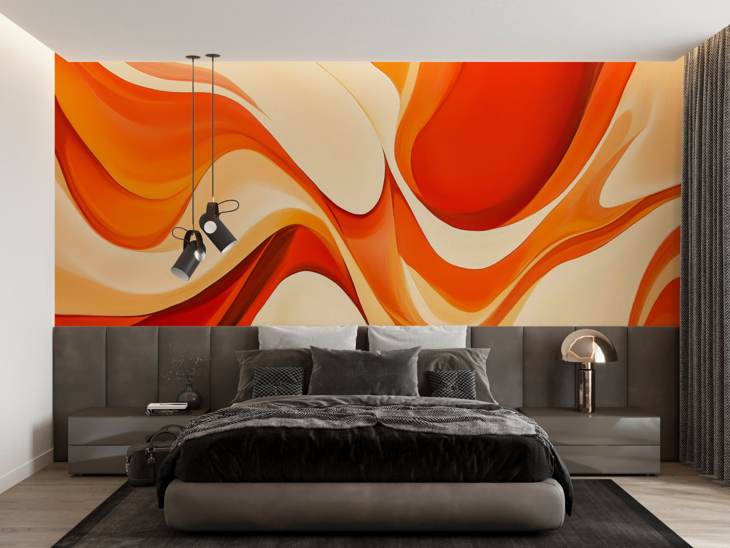 Modern wave wallpaper design showcased in a bright home office environment