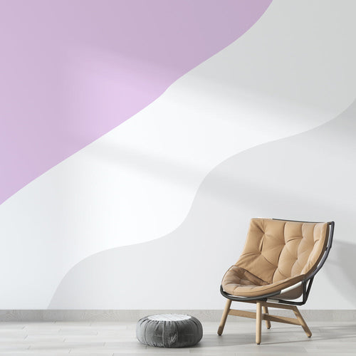 Modern bedroom featuring Abstract Wave Wallpaper in soft lilac and white, creating a peaceful atmosphere