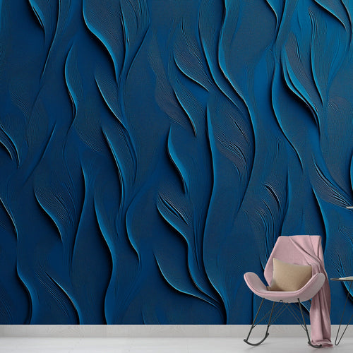 Blue wave pattern wallpaper creating depth in modern living room with grey sofa and natural lighting