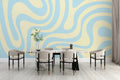 Abstract wave wallpaper in modern living room showing flowing blue and beige curves creating peaceful atmosphere