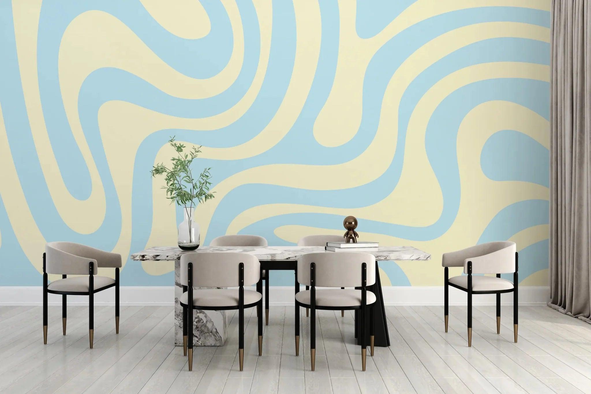 Abstract wave wallpaper in modern living room showing flowing blue and beige curves creating peaceful atmosphere