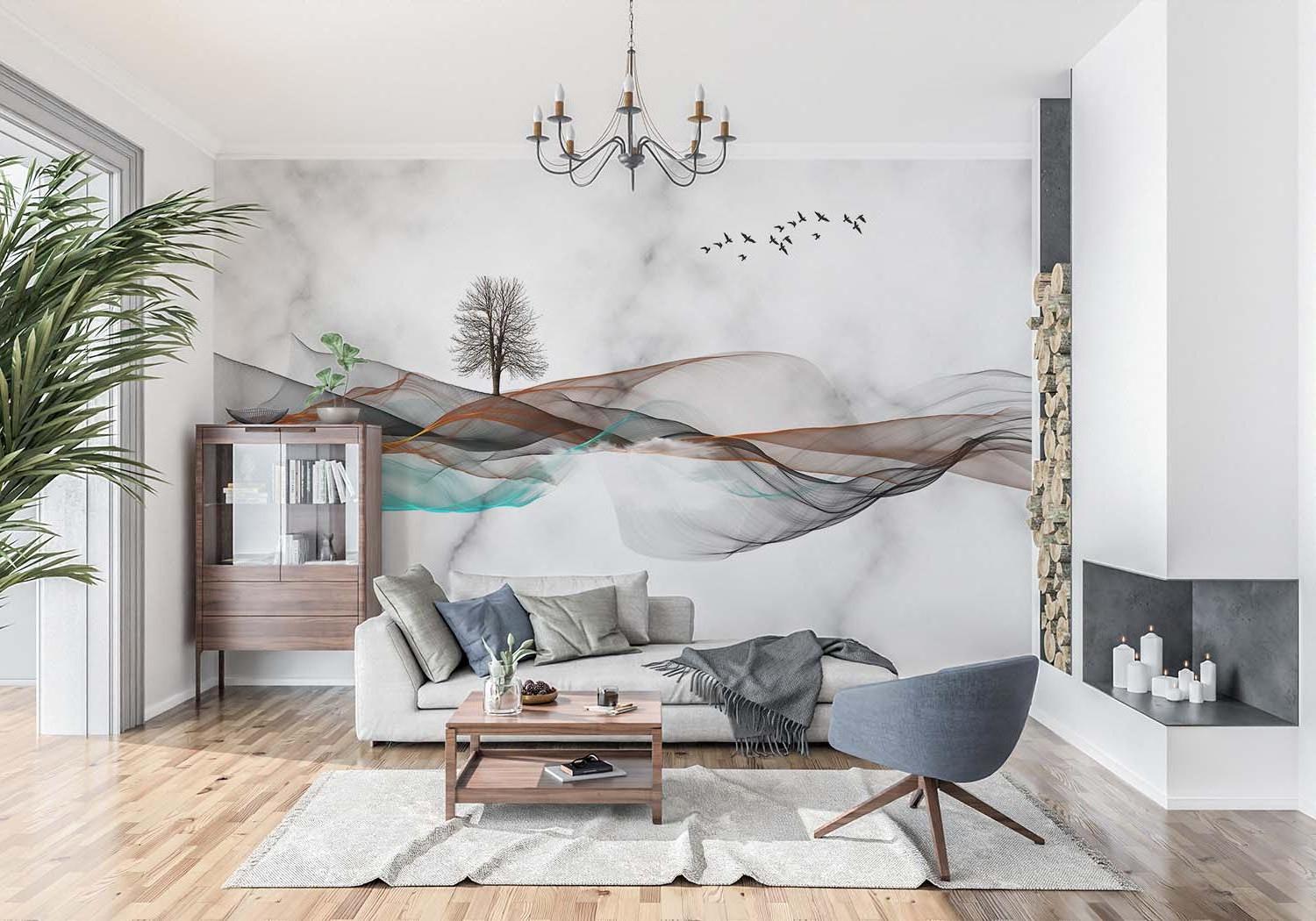 Abstract wave mural showcasing turquoise and orange tones in hallway