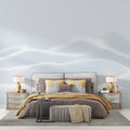 White wave wallpaper creating depth in modern living room, soft curves catching natural light