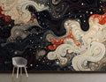 Abstract fluid art wallpaper creating drama in a modern living room with black, white and terracotta swirls