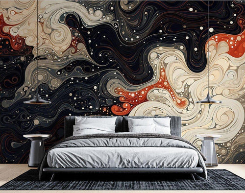 Contemporary home office featuring abstract fluid wallpaper with flowing black and white patterns