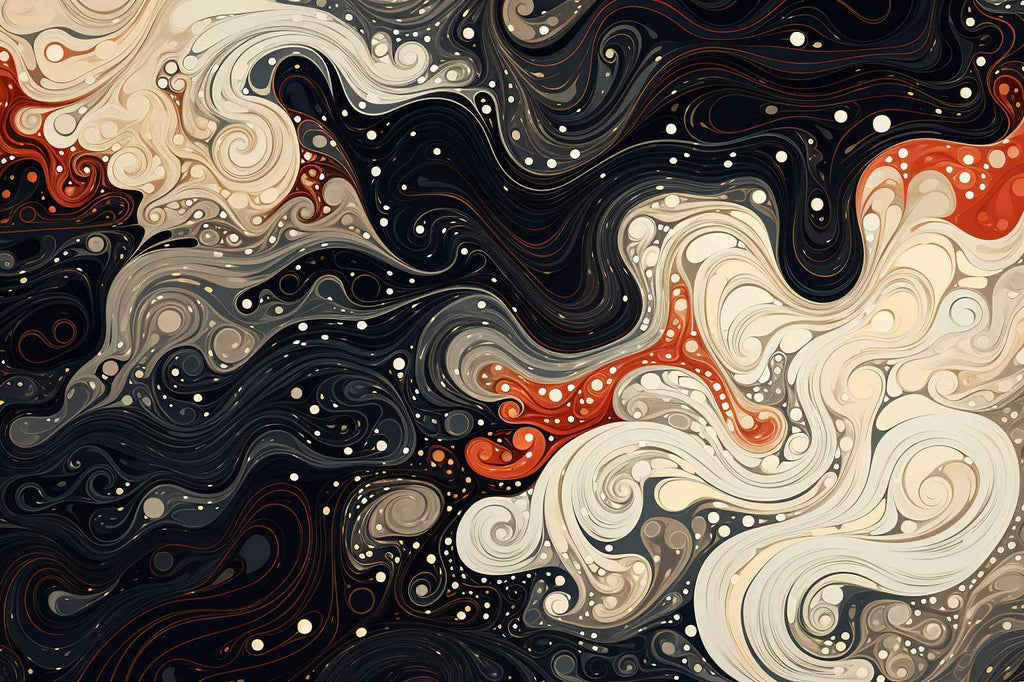 Design file of abstract fluid art wallpaper showing intricate black, white and terracotta pattern details
