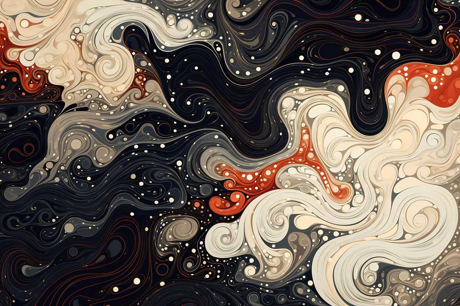Design file of abstract fluid art wallpaper showing intricate black, white and terracotta pattern details
