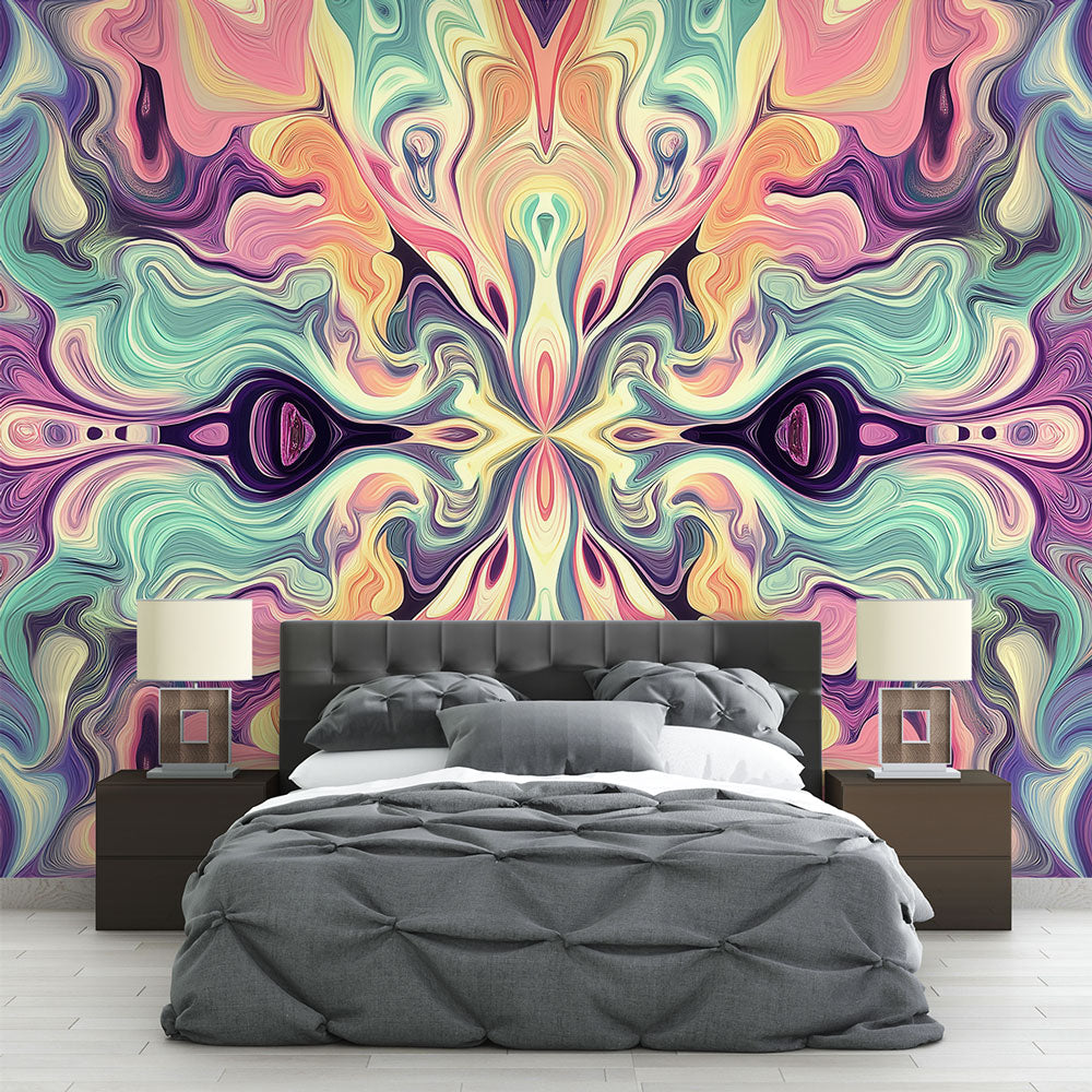 Abstract fluid art wallpaper in mint and pink tones creating a calming atmosphere in a modern living room
