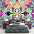 Abstract fluid art wallpaper in mint and pink tones creating a calming atmosphere in a modern living room