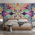 Abstract fluid art wallpaper creating a modern statement wall in a bright minimalist living room with pastel furniture