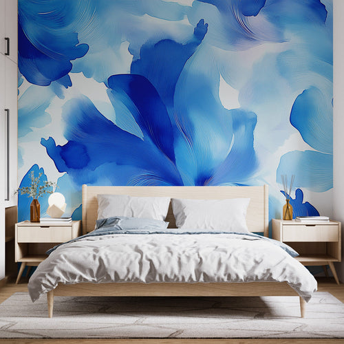 Blue abstract watercolor wallpaper creating a serene atmosphere in a modern living room with minimalist furniture