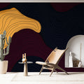 Modern abstract wallpaper with yellow and burgundy fluid lines creating dramatic impact in a minimalist living room setting