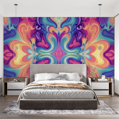 Abstract fluid rainbow wallpaper bringing vibrant energy to a modern living room with white furniture