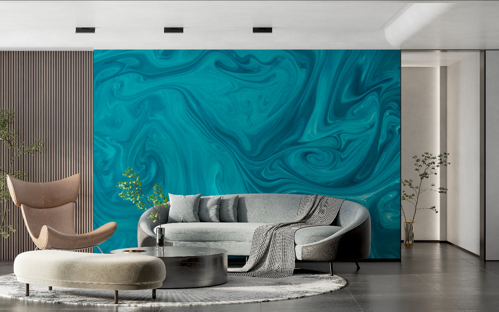 Turquoise fluid wallpaper design in contemporary office space