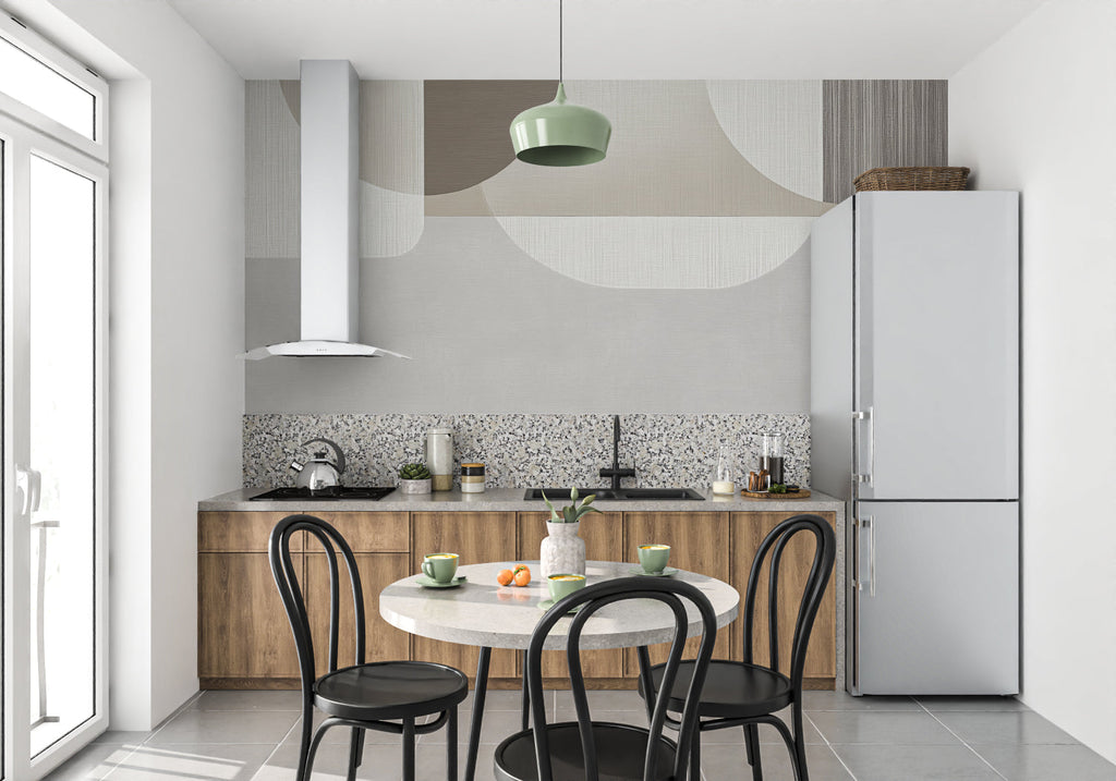 Modern dining room with abstract geometric wallpaper showing flowing curves in neutral tones