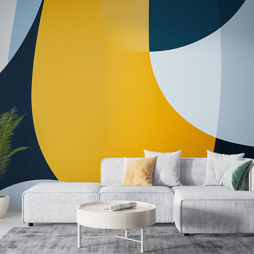 Modern geometric wallpaper with yellow and navy curves creating depth in a minimal Scandinavian living room setting