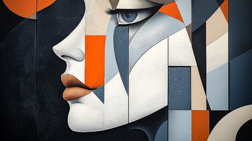 Modern abstract geometric face wallpaper with orange and blue tones styled in a minimalist living room setting