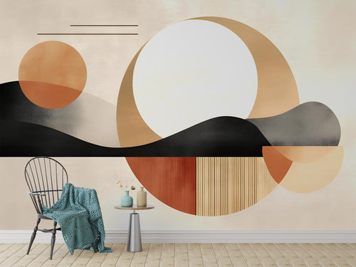 Abstract geometric wallpaper with terracotta curves displayed in a modern living room setting with minimalist furniture