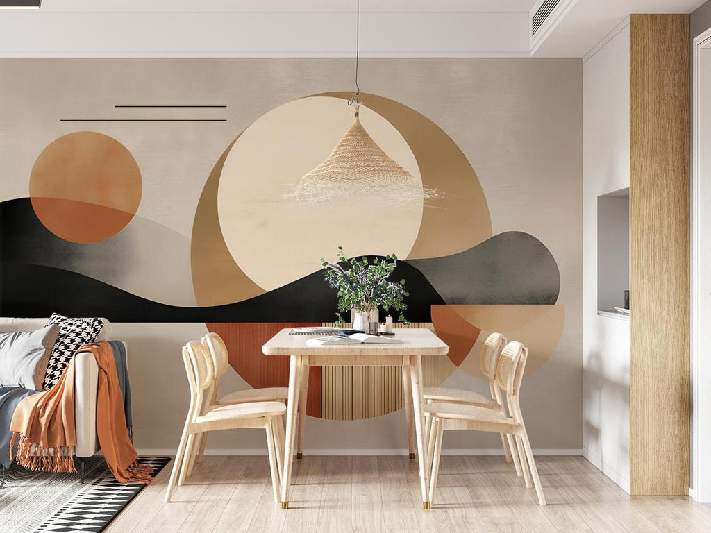 Geometric terracotta and beige wallpaper creating a statement wall in a bright dining room space