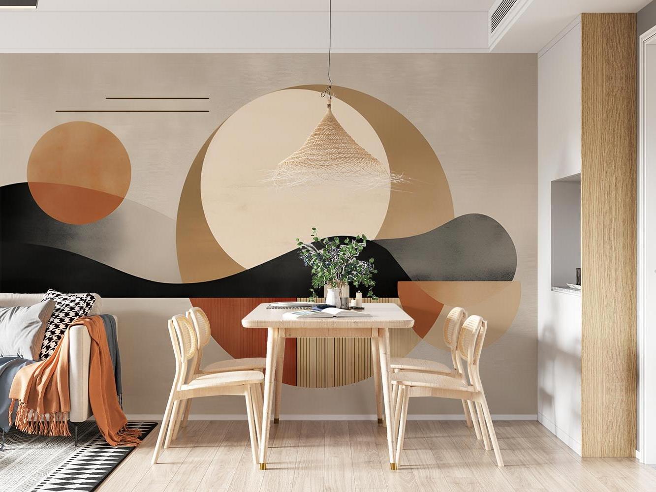 Geometric terracotta and beige wallpaper creating a statement wall in a bright dining room space