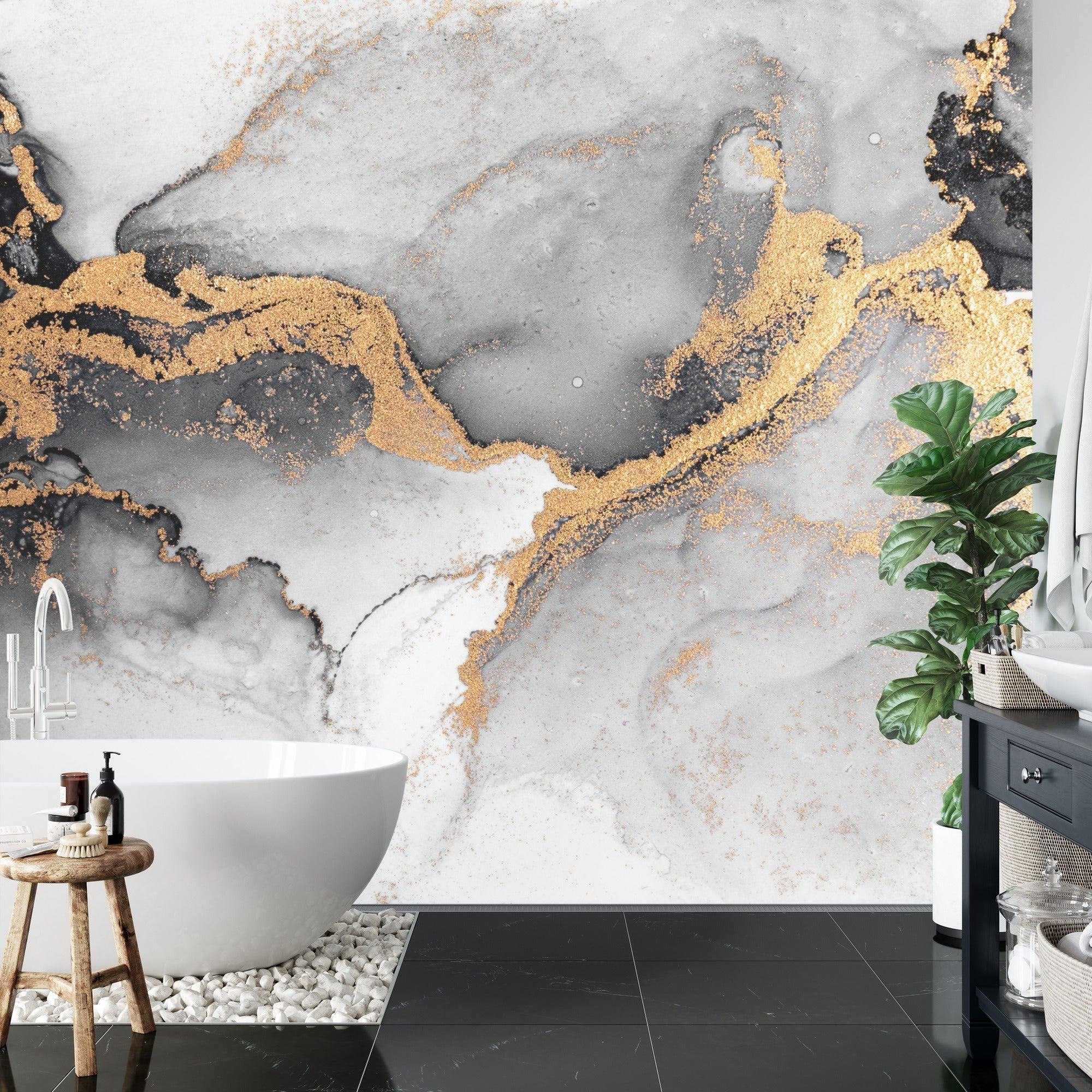 Modern dining room featuring luxury Gold and Grey Marble Wallpaper, showing elegant table setting and pendant lights
