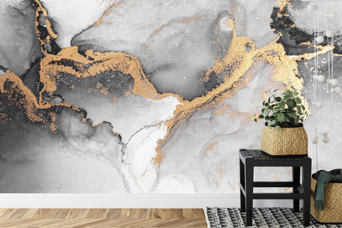 Master bedroom with Gold and Grey Abstract Marble Wallpaper creating a sophisticated accent wall behind the bed