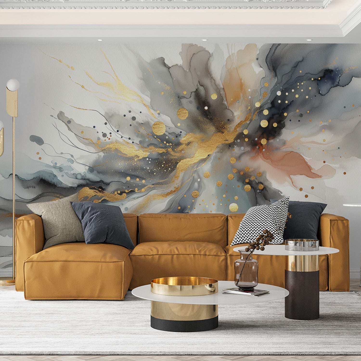 Modern abstract watercolor wallpaper in gold and grey tones creating drama in a minimalist living room