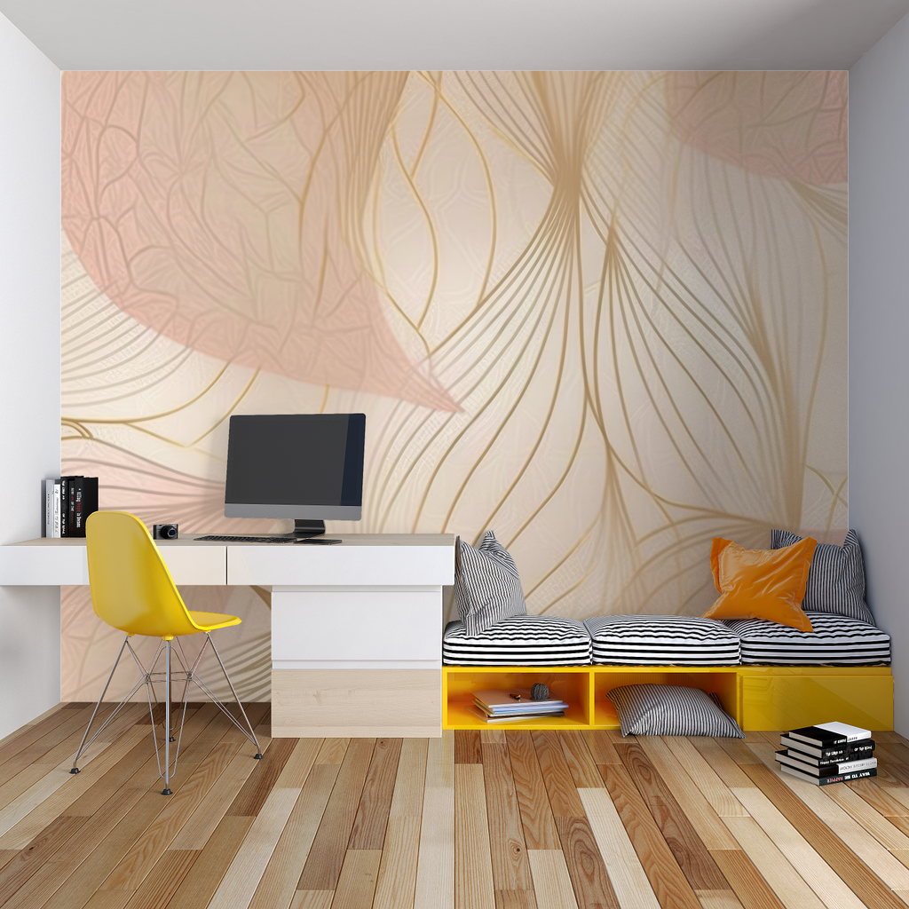 Gold geometric wall mural creating an elegant backdrop in a master bedroom