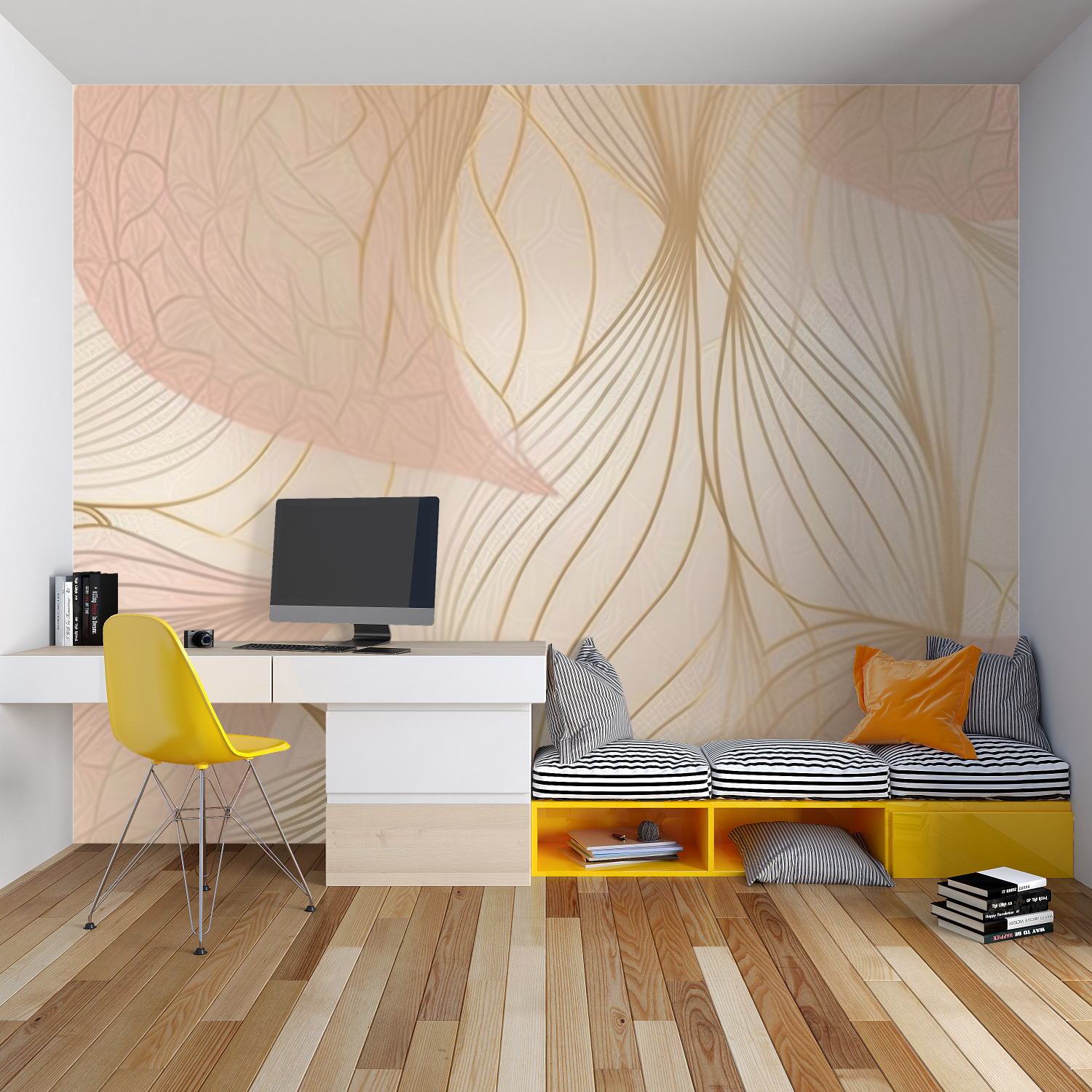 Gold geometric wall mural creating an elegant backdrop in a master bedroom