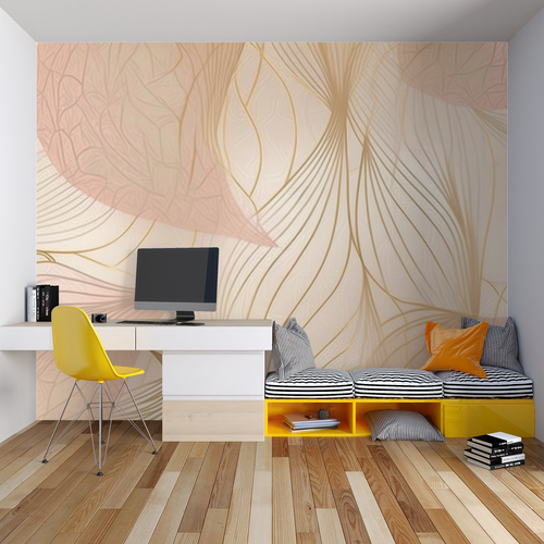 Gold geometric wall mural creating an elegant backdrop in a master bedroom