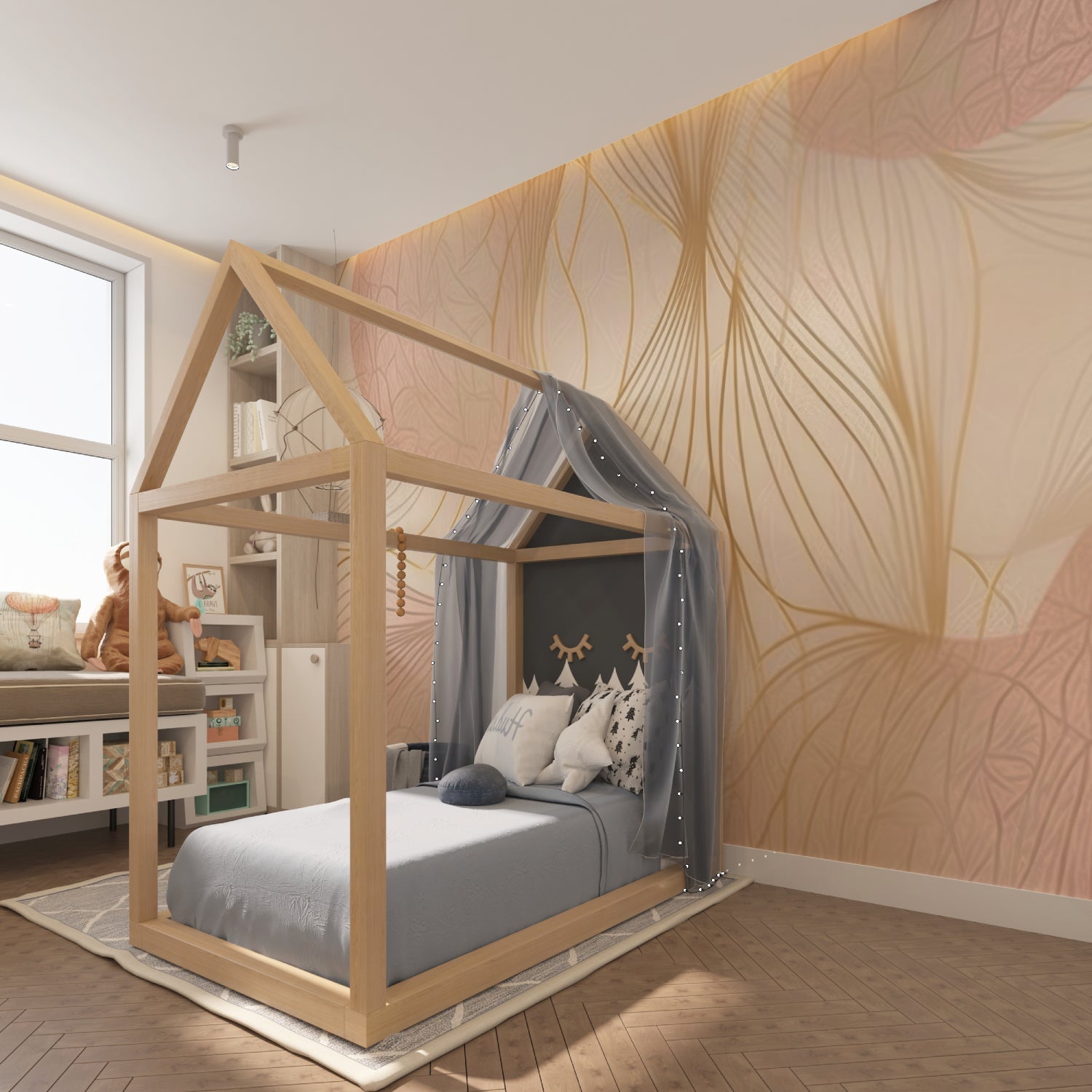 Abstract gold wallpaper creating flow in a contemporary hallway