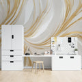 Gold and white marble abstract wallpaper creating a stunning focal point in a modern living room