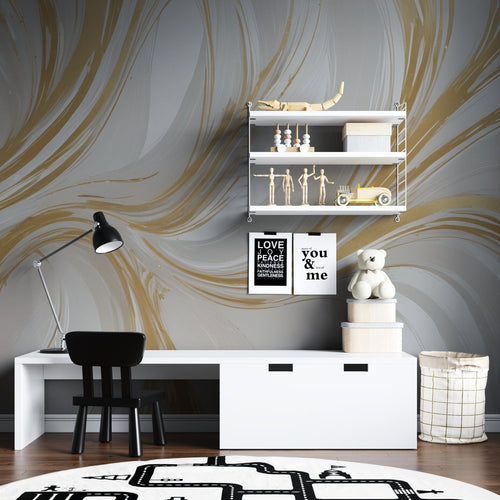 Elegant marble effect wallpaper with gold swirls in a luxury master bedroom setting