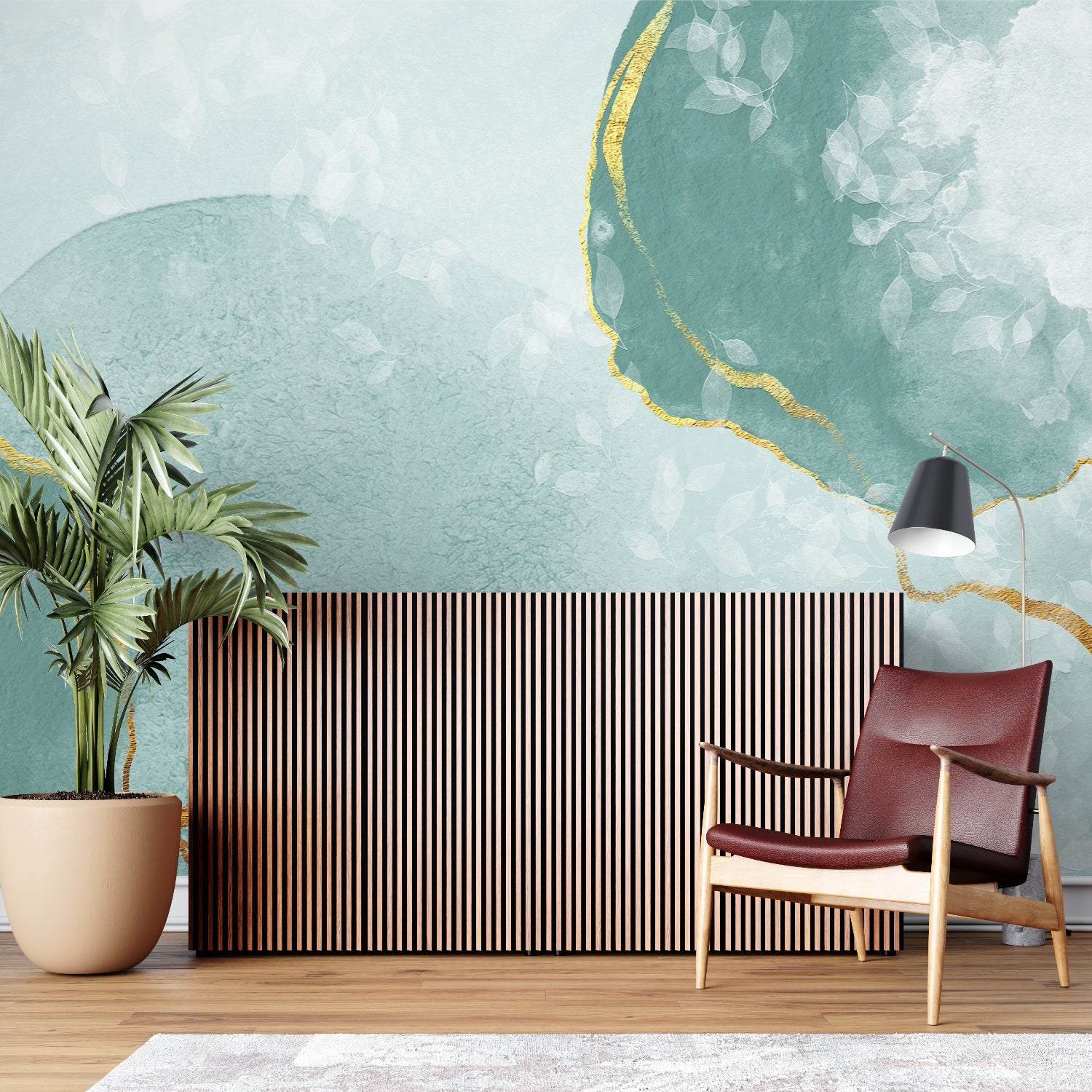 Home office with abstract mint green and gold wallpaper accent wall