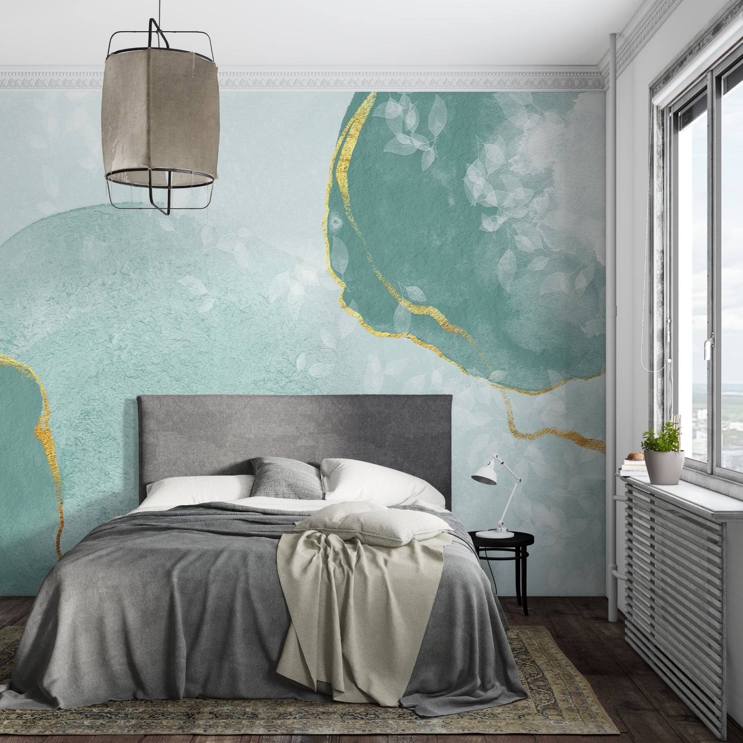 Dining room showcasing mint green abstract wallpaper with metallic gold details