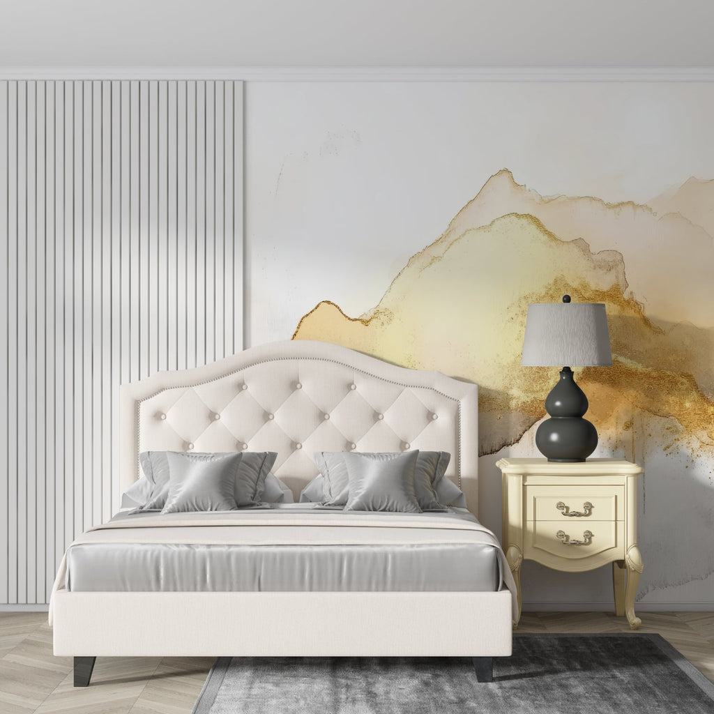 Gold abstract wallpaper enhancing dining room with soft golden tones and circular patterns