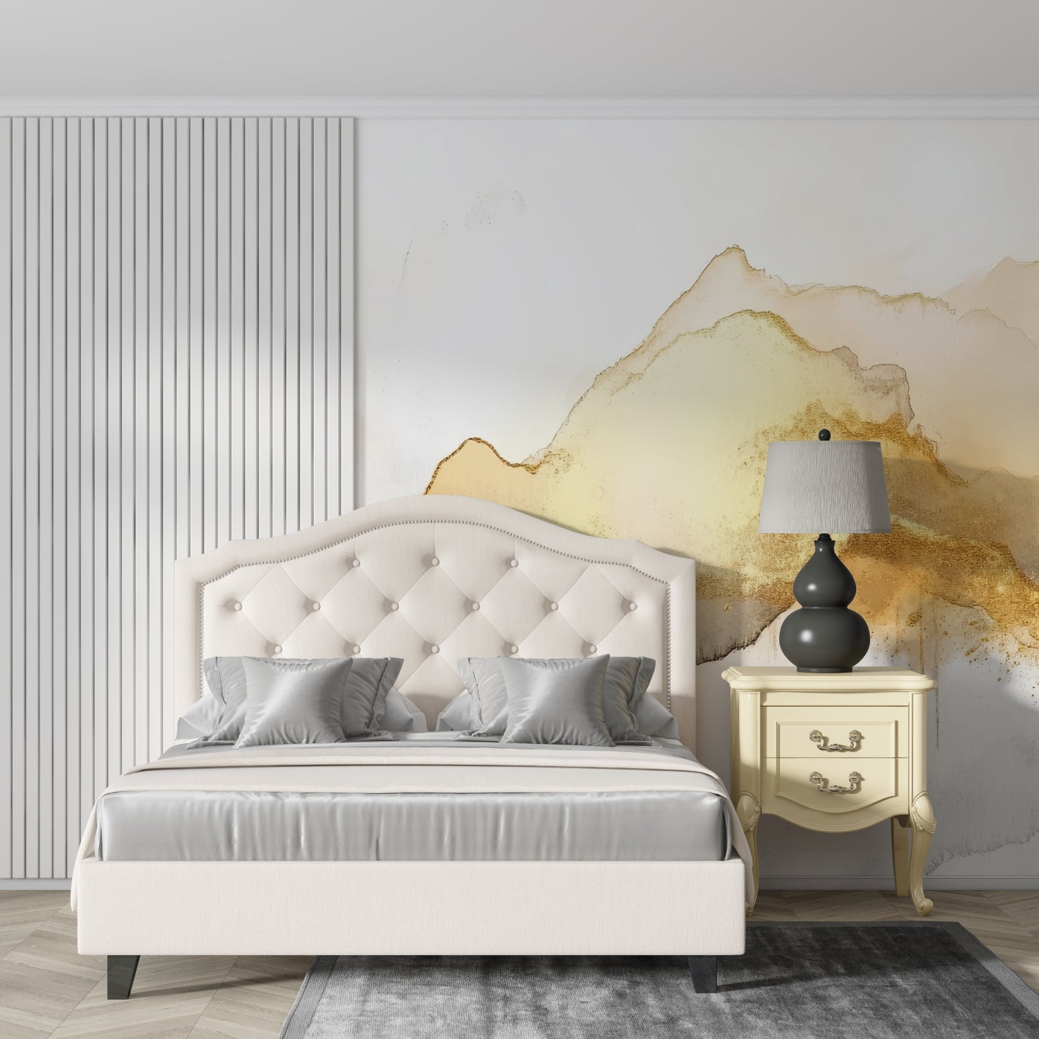 Gold abstract wallpaper enhancing dining room with soft golden tones and circular patterns