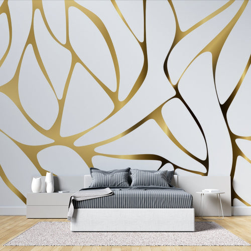 Gold geometric pattern wallpaper in dining room showcasing evening lighting effects