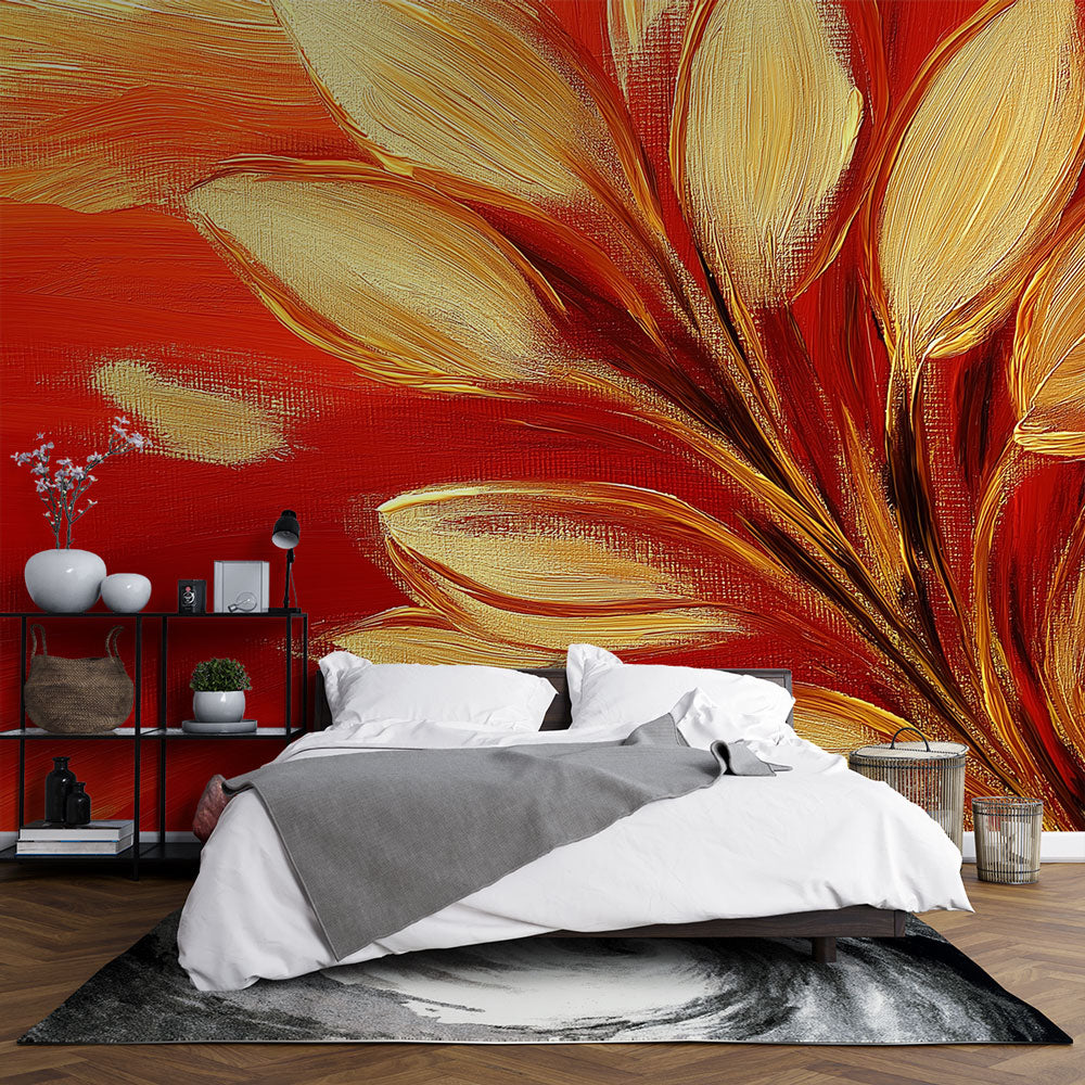 Abstract red and gold leaf wallpaper in modern dining room, creating warm elegant atmosphere with dramatic lighting