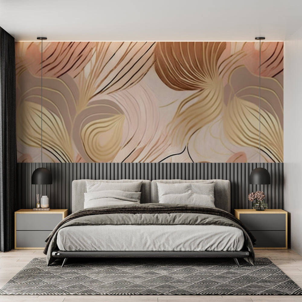 Abstract wave wallpaper in modern living room, golden curves flowing on blush pink background creating depth