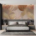 Abstract wave wallpaper in modern living room, golden curves flowing on blush pink background creating depth